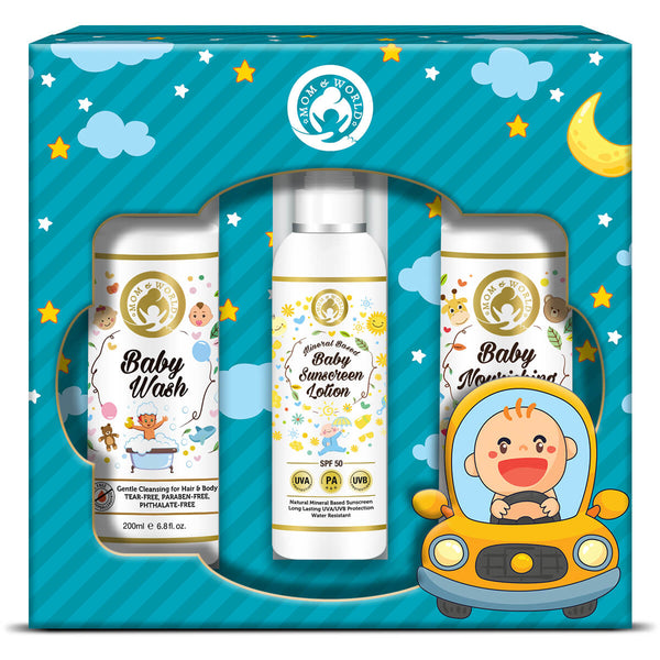 Mom & World Baby Wash + Baby Sunscreen Lotion + Baby Nourishing Lotion – Boy Kit