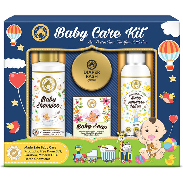 Mom & World Baby Care Collection Gift Pack – Baby Shampoo + Baby Soap + Baby Sunscreen Lotion + Diaper Rash Cream